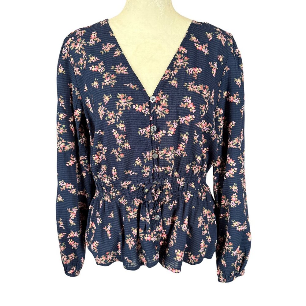 Time & Tru women's peplum top blue and pink floral v-neck button down medium